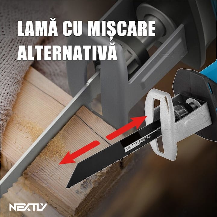 Fierastrau electric tip sabie NEXTLY, 2 acumulatori de 48V, 4 lame, lemn/metal, taiere alternativa, 3000 curse pe minut, 0-100mm capacitate de taiere, cursa de 20mm, tip soricel, negru-albastru