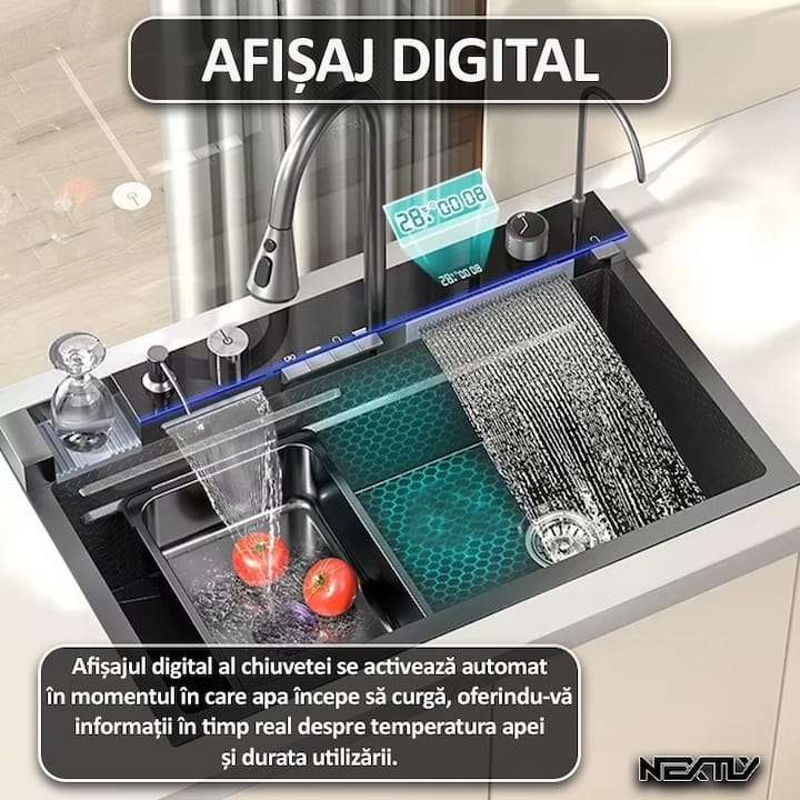 Set chiuveta multifunctionala smart, NEXTLY, afisaj digital, doua cascade, iluminare ambientala, spalator pahare, dozator detergent, baterie extensibila cu 3 functii, tocator, tava si sita inclusa, anti zgarieturi, sistem preaplin, 45x75cm