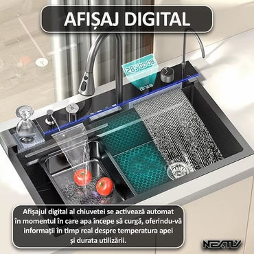 Set chiuveta multifunctionala smart, NEXTLY, afisaj digital, doua cascade, iluminare ambientala, spalator pahare, dozator detergent, baterie extensibila cu 3 functii, tocator, tava si sita inclusa, anti zgarieturi, sistem preaplin, 45x75cm