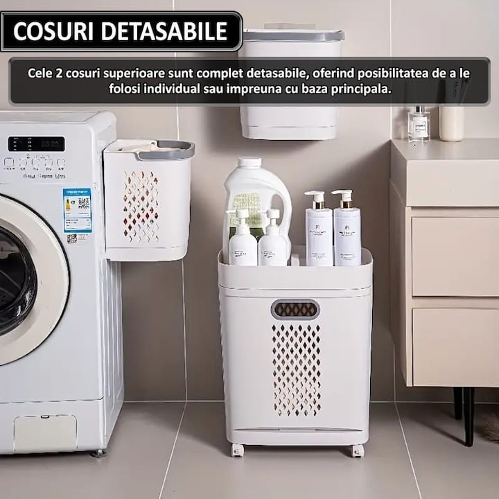 Cos de rufe, jucarii copii si alte obiecte NEXTLY, 3 compartimente, 4 roti detasabile, 2 cosuri cu maner detasabile, aplicabile pe perete, deschidere rabatabila, sistem de aerisire, 28x40x74cm, alb-gri