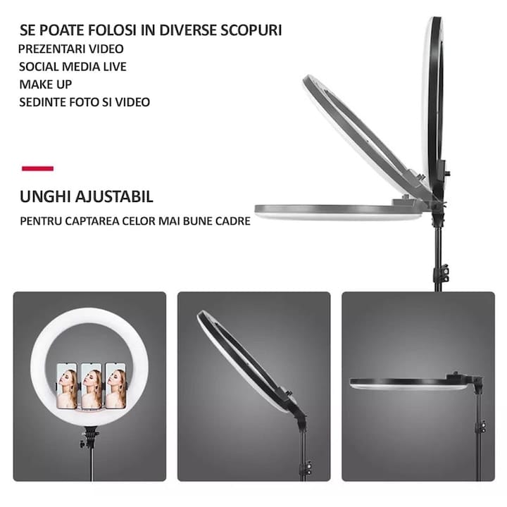 Lampa circulara profesionala RING LIGHT LED, NEXTLY, touch control, diametru 45cm, 18inch, lumina calda/rece/neutra, 10 trepte de lumina, 3 suporturi telefon, telecomanda, telecomanda bluetooth pentru