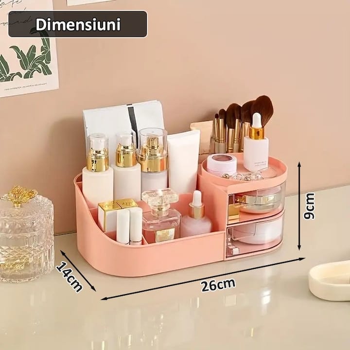 Organizator de cosmetice, bijuterii, accesorii si alte obiecte NEXTLY, oglinda detasabila si reglabila cu touch control, 3 moduri de iluminare, compartimentat, 14x26x9cm S, roz
