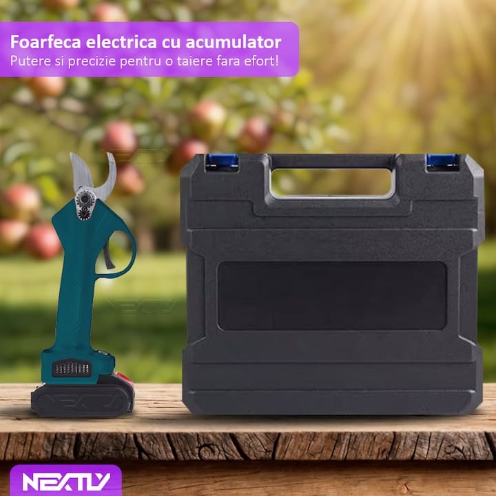 Foarfeca electrica pentru gradinarit NEXTLY, 2 acumulatori de 48V inclusi, pentru taiat via, crengi, diametru taiere 25mm, geanta transport si depozitare inclusa, accesorii, piatra ascutit, incarcator, albastru
