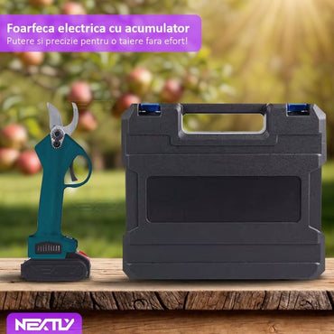 Foarfeca electrica pentru gradinarit NEXTLY, 2 acumulatori de 48V inclusi, pentru taiat via, crengi, diametru taiere 25mm, geanta transport si depozitare inclusa, accesorii, piatra ascutit, incarcator, albastru