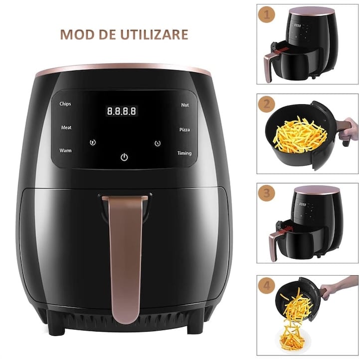 Friteuza cu aer cald NEXTLY, gatire fara ulei, Air Fryer capacitate 6 litri, 2400W, 8 programe de gatire, Touch Control, afisaj digital, verde