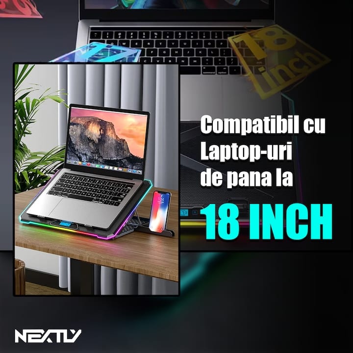 Cooler laptop cu suport de telefon NEXTLY, 6 ventilatoare cu viteza reglabila, ecran LCD, 7 moduri de iluminare RGB, 8 trepte de ajustare, 2 porturi USB, compatibil cu laptop-uri de pana la 18inch, 415x298mm, negru