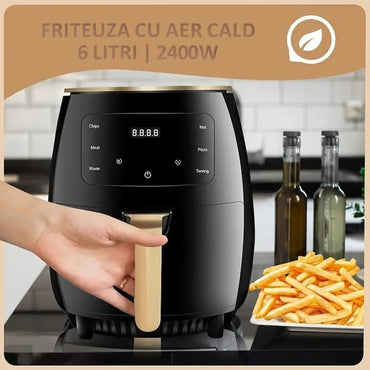 Set friteuza cu aer cald + 3 forme de silicon NEXTLY, gatire fara ulei, Air Fryer capacitate 6 litri, 2400W, 8 programe de gatire, Touch Control, afisaj digital, negru