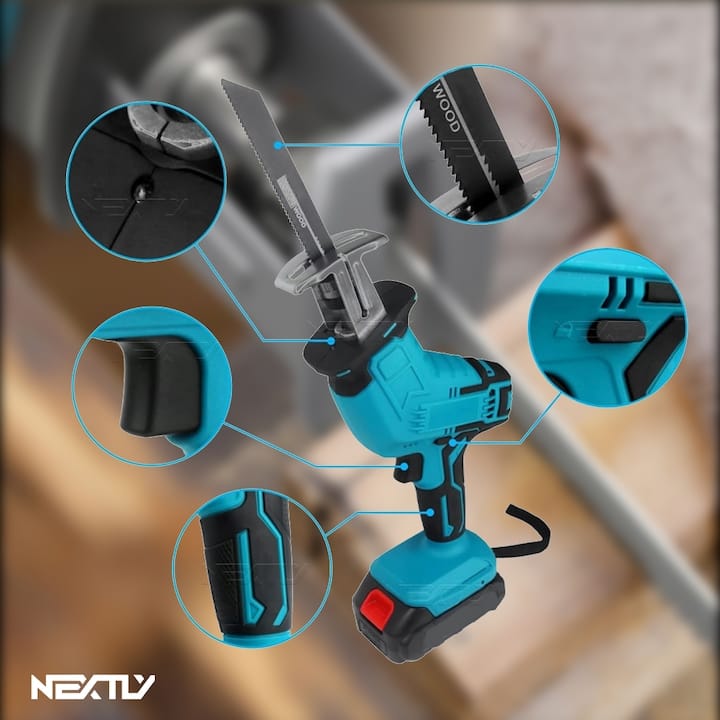 Fierastrau electric tip sabie NEXTLY, 2 acumulatori de 48V, 4 lame, lemn/metal, taiere alternativa, 3000 curse pe minut, 0-100mm capacitate de taiere, cursa de 20mm, tip soricel, negru-albastru