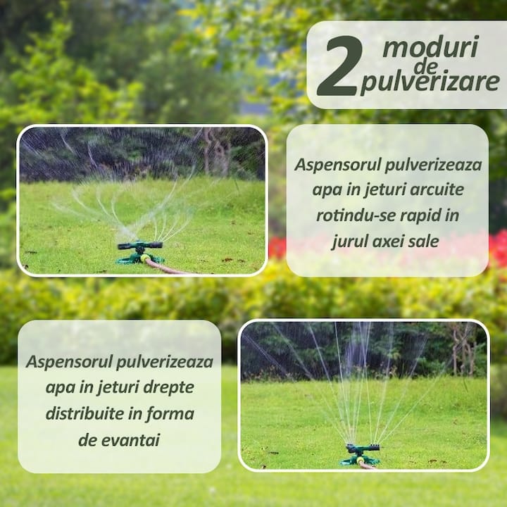 Aspersor rotativ pentru gradina NEXTLY, sistem de irigare cu 3 capete pentru gazon si plante, 2 moduri de pulverizare, rotatie automta 360°, arie mare de acoperire, ABS, verde
