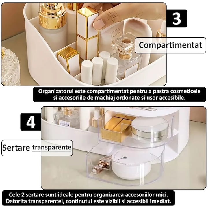 Organizator de cosmetice, bijuterii, accesorii si alte obiecte NEXTLY, oglinda detasabila si reglabila cu touch control, 3 moduri de iluminare, compartimentat, 14x26x9cm S, roz
