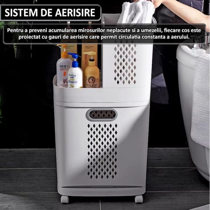 Cos de rufe, jucarii copii si alte obiecte NEXTLY, 3 compartimente, 4 roti detasabile, 2 cosuri cu maner detasabile, aplicabile pe perete, deschidere rabatabila, sistem de aerisire, 28x40x74cm, alb-gri