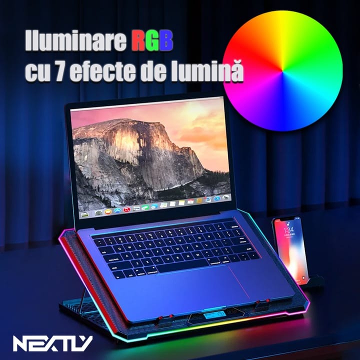 Cooler laptop cu suport de telefon NEXTLY, 6 ventilatoare cu viteza reglabila, ecran LCD, 7 moduri de iluminare RGB, 8 trepte de ajustare, 2 porturi USB, compatibil cu laptop-uri de pana la 18inch, 415x298mm, negru