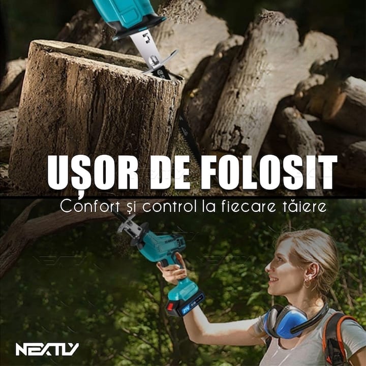 Fierastrau electric tip sabie NEXTLY, 2 acumulatori de 48V, 4 lame, lemn/metal, taiere alternativa, 3000 curse pe minut, 0-100mm capacitate de taiere, cursa de 20mm, tip soricel, negru-albastru