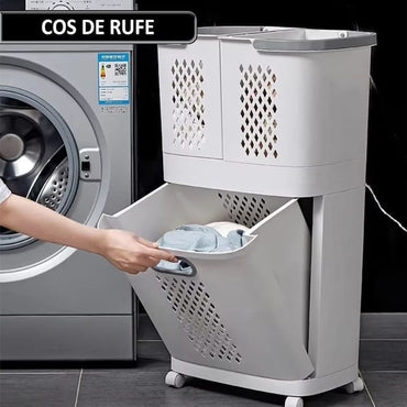 Cos de rufe, jucarii copii si alte obiecte NEXTLY, 3 compartimente, 4 roti detasabile, 2 cosuri cu maner detasabile, aplicabile pe perete, deschidere rabatabila, sistem de aerisire, 28x40x74cm, alb-gri