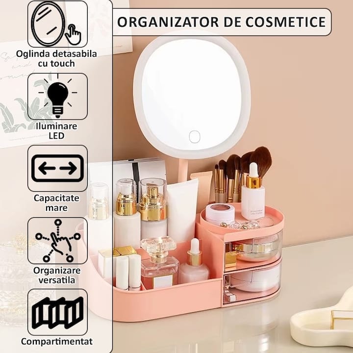 Organizator de cosmetice, bijuterii, accesorii si alte obiecte NEXTLY, oglinda detasabila si reglabila cu touch control, 3 moduri de iluminare, compartimentat, 14x26x9cm S, roz