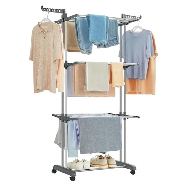 Uscator vertical pentru rufe si incaltaminte NEXTLY, 3 niveluri, suport umerase, pliabil, portabil, mobil, ergonomic, gri