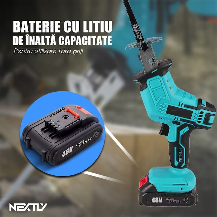 Fierastrau electric tip sabie NEXTLY, 2 acumulatori de 48V, 4 lame, lemn/metal, taiere alternativa, 3000 curse pe minut, 0-100mm capacitate de taiere, cursa de 20mm, tip soricel, negru-albastru