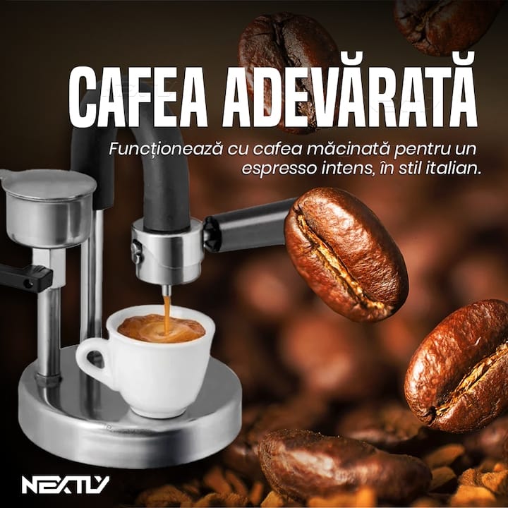 Espressor manual pentru aragaz NEXTLY Kamira cu levier, 2 portafiltre, cafea cremoasa, cafea macinata, fabricat in italia, din inox, crema densa, functionare la orice sursa de caldura, pentru camping