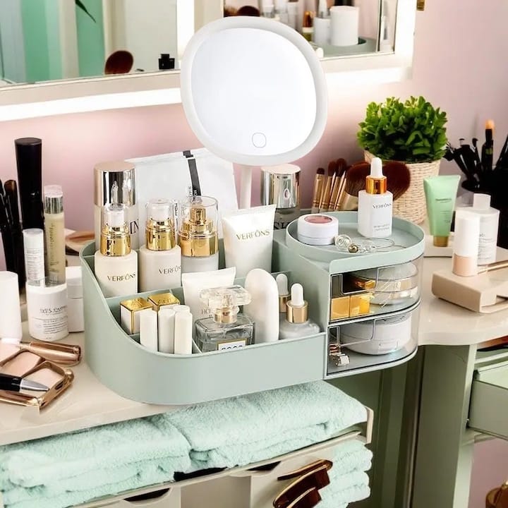 Organizator de cosmetice, bijuterii, accesorii si alte obiecte NEXTLY, oglinda detasabila si reglabila cu touch control, 3 moduri de iluminare, compartimentat, 14x26x9cm S, verde