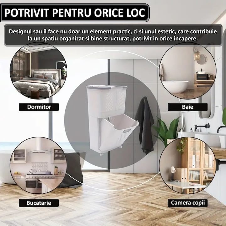 Cos de rufe, jucarii copii si alte obiecte NEXTLY, 3 compartimente, 4 roti detasabile, 2 cosuri cu maner detasabile, aplicabile pe perete, deschidere rabatabila, sistem de aerisire, 28x40x74cm, alb-gri