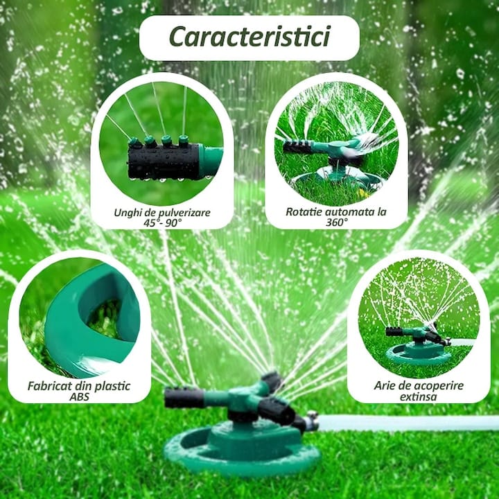 Aspersor rotativ pentru gradina NEXTLY, sistem de irigare cu 3 capete pentru gazon si plante, 2 moduri de pulverizare, rotatie automta 360°, arie mare de acoperire, ABS, verde