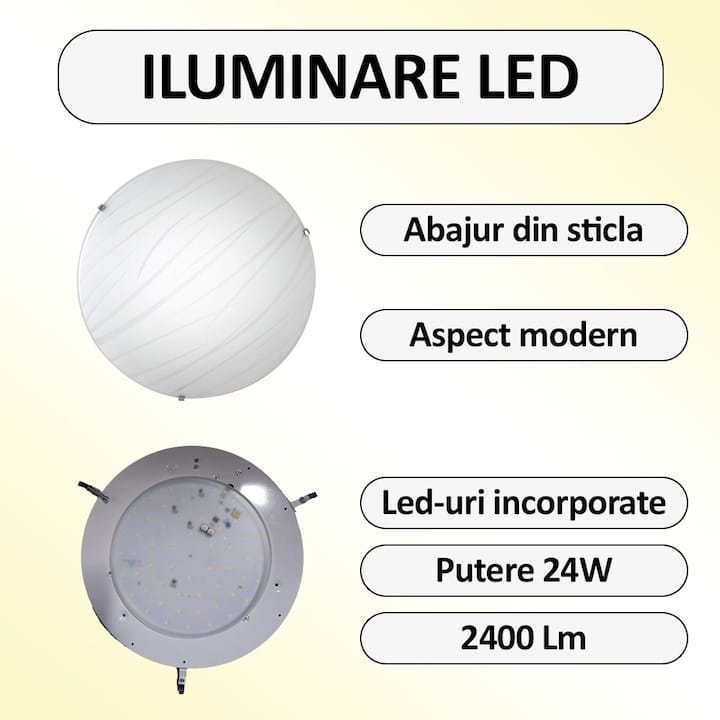 Plafoniera LED Nextly, aplica pentru perete sau tavan, 28W, 2240 Lm, lumina alba neutra, 4000K, Led-uri SMD incorporate, 40x40 cm, abajur din sticla cu model, unghi iluminare 120°, alb