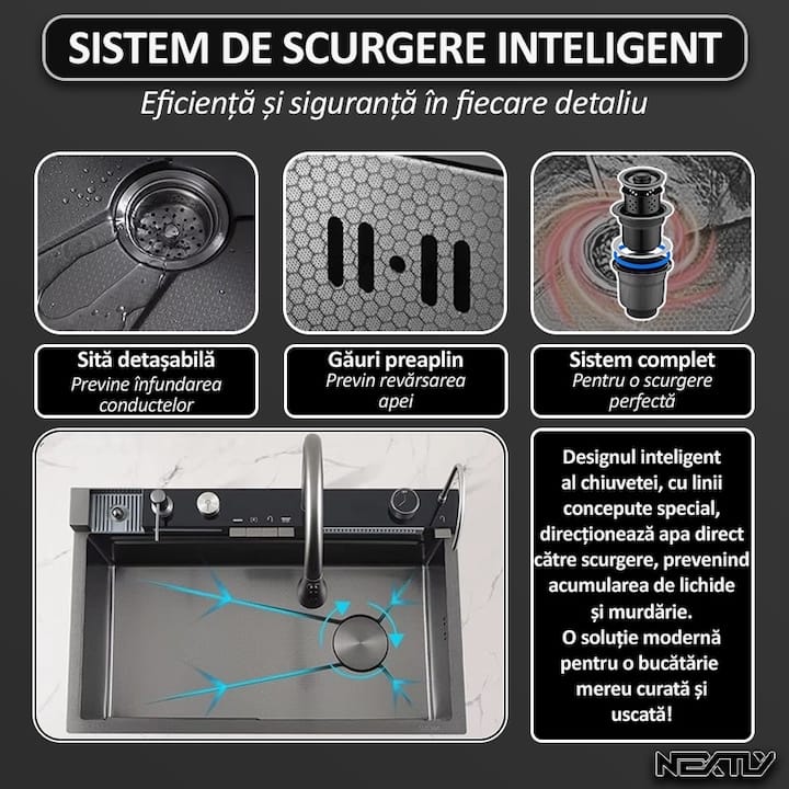 Set chiuveta multifunctionala smart, NEXTLY, afisaj digital, doua cascade, iluminare ambientala, spalator pahare, dozator detergent, baterie extensibila cu 3 functii, tocator, tava si sita inclusa, anti zgarieturi, sistem preaplin, 45x75cm