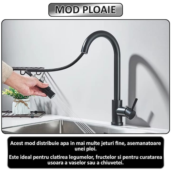 Baterie pentru chiuveta tip lebada NEXTLY, rotire la 360°, cap extensibil si retractabil, 2 tipuri de jet - normal si tip ploaie, 1-12 negru mat