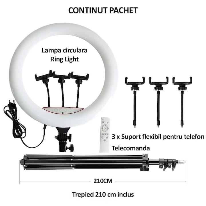Lampa circulara profesionala RING LIGHT LED, NEXTLY, touch control, diametru 45cm, 18inch, lumina calda/rece/neutra, 10 trepte de lumina, 3 suporturi telefon, telecomanda, telecomanda bluetooth pentru