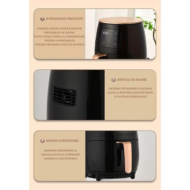 Friteuza cu aer cald NEXTLY, gatire fara ulei, Air Fryer capacitate 6 litri, 2400W, 8 programe de gatire, Touch Control, afisaj digital, verde