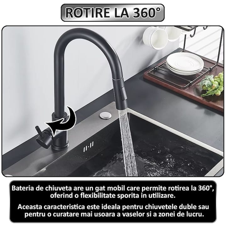 Baterie pentru chiuveta tip lebada NEXTLY, rotire la 360°, cap extensibil si retractabil, 2 tipuri de jet - normal si tip ploaie, 1-12 negru mat