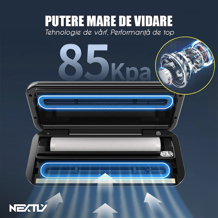 Set aparat de vidat cu vacuum alimente umede/uscate + 6 role 17cm NEXTLY, functii de vidare si sigilare in mod automat/manual/separat, vidare externa, buton oprire, spatiu depozitare rola de vidat 28cm, lama integrata pentru taiere, 110W, 85kpa, negru