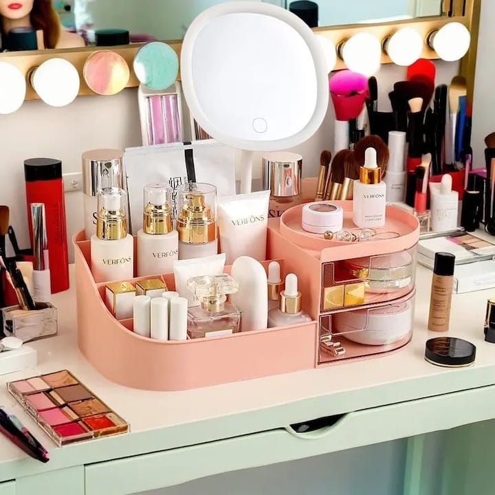 Organizator de cosmetice, bijuterii, accesorii si alte obiecte NEXTLY, oglinda detasabila si reglabila cu touch control, 3 moduri de iluminare, compartimentat, 14x26x9cm S, roz