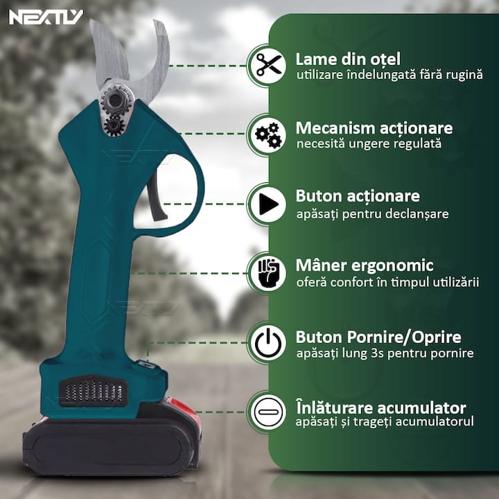 Foarfeca electrica pentru gradinarit NEXTLY, 2 acumulatori de 48V inclusi, pentru taiat via, crengi, diametru taiere 25mm, geanta transport si depozitare inclusa, accesorii, piatra ascutit, incarcator, albastru
