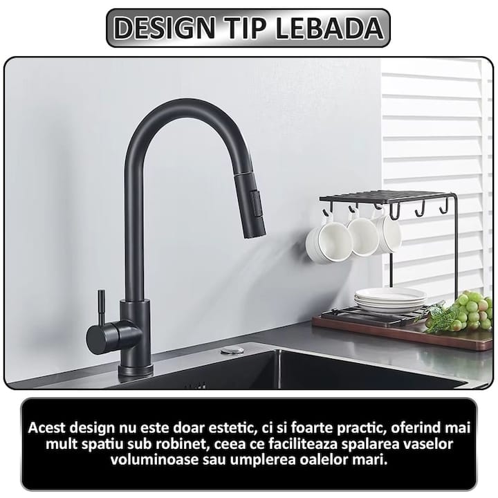 Baterie pentru chiuveta tip lebada NEXTLY, rotire la 360°, cap extensibil si retractabil, 2 tipuri de jet - normal si tip ploaie, 1-12 negru mat