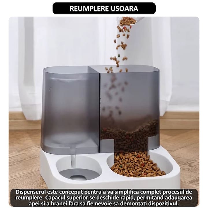 Dispenser automat mancare si apa animale NEXTLY, pentru pisici si caini de orice talie, compartimentare separata, rezervor transparent cu capac, capacitata apa 1l, capacitate hrana 2.8l, material ABS, non-toxic, alb-negru