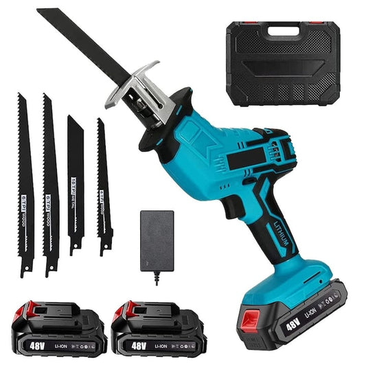 Fierastrau electric tip sabie NEXTLY, 2 acumulatori de 48V, 4 lame, lemn/metal, taiere alternativa, 3000 curse pe minut, 0-100mm capacitate de taiere, cursa de 20mm, tip soricel, negru-albastru