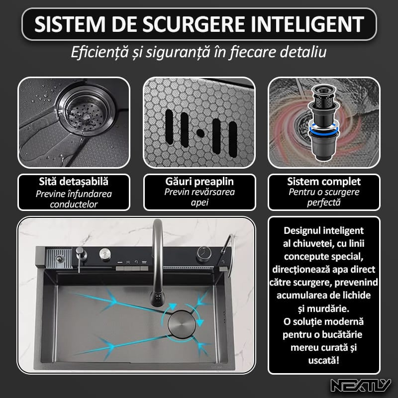 Chiuveta multifunctionala smart pentru bucatarie NEXTLY, robinet flexibil, cascada integrata, robinet tip ploaie, panou de control tactil, afisaj digital LCD, accesorii incluse, kit complet de instalare, otel inoxidabil, 68x45cm, negru grafit