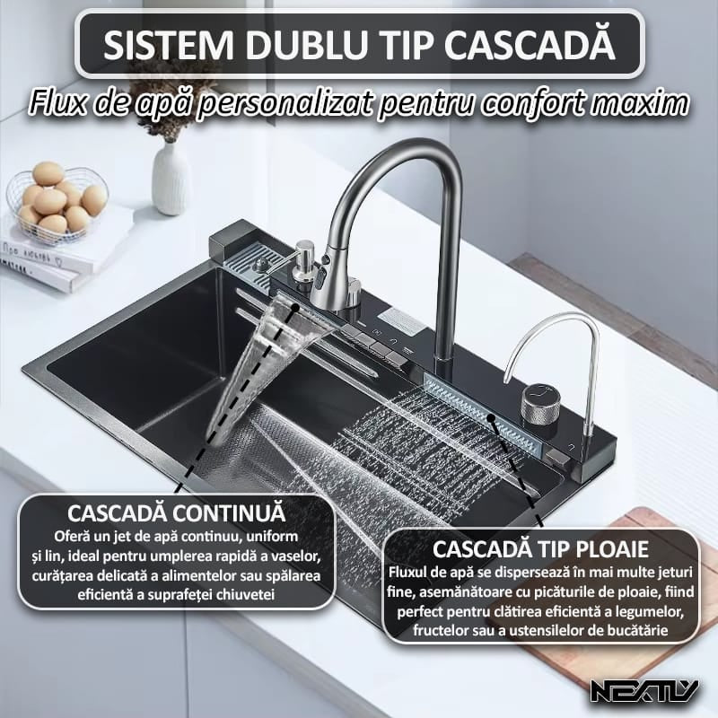 Chiuveta multifunctionala smart pentru bucatarie NEXTLY, robinet flexibil, cascada integrata, robinet tip ploaie, panou de control tactil, afisaj digital LCD, accesorii incluse, kit complet de instalare, otel inoxidabil, 80x45cm, gri antracit