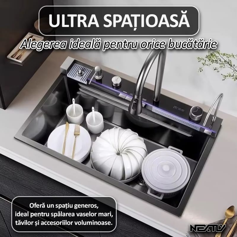 Chiuveta multifunctionala smart pentru bucatarie NEXTLY, robinet flexibil, cascada integrata, robinet tip ploaie, panou de control tactil, afisaj digital LCD, accesorii incluse, kit complet de instalare, otel inoxidabil, 68x45cm, negru grafit